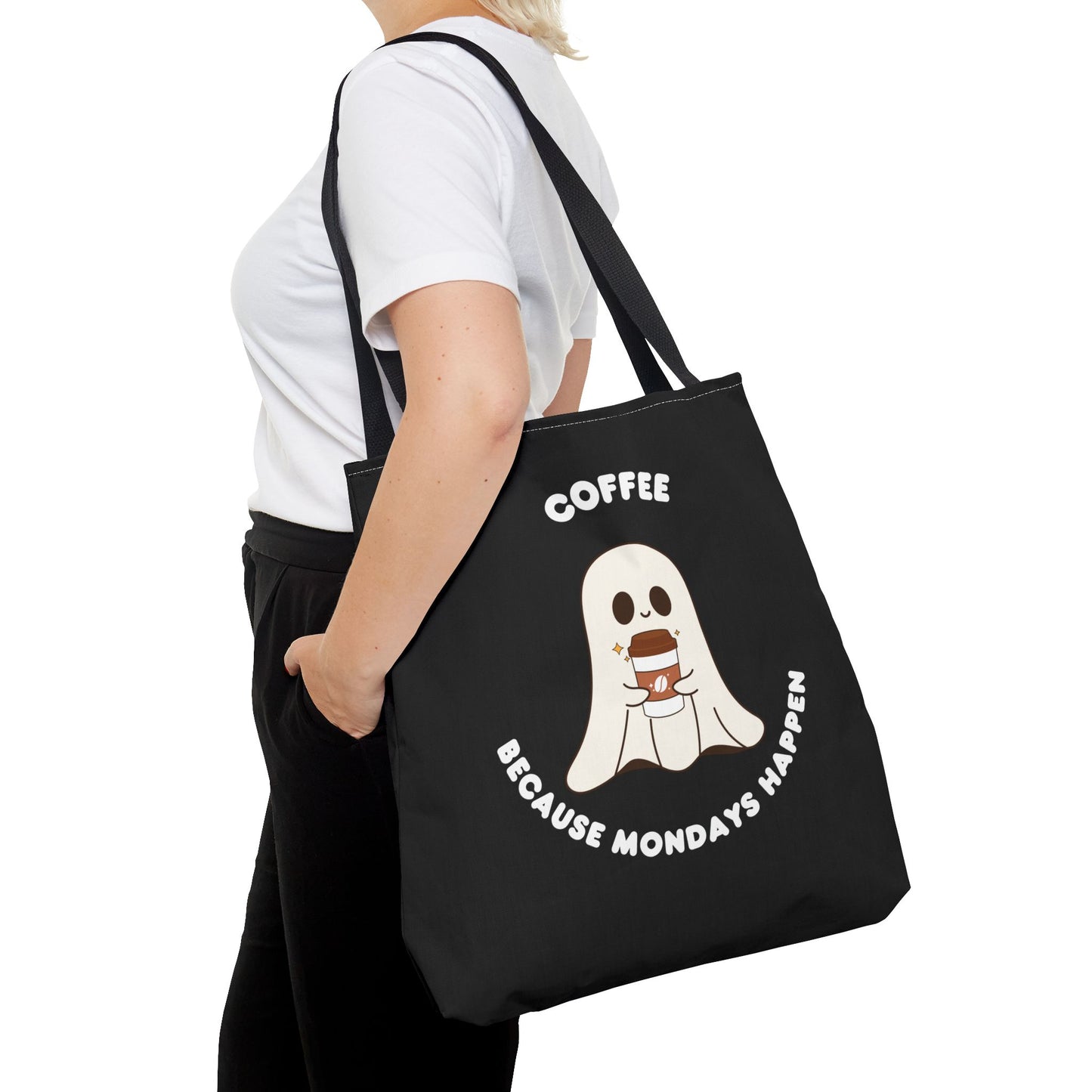 Coffee because Mondays happen Tote Bag (AOP)