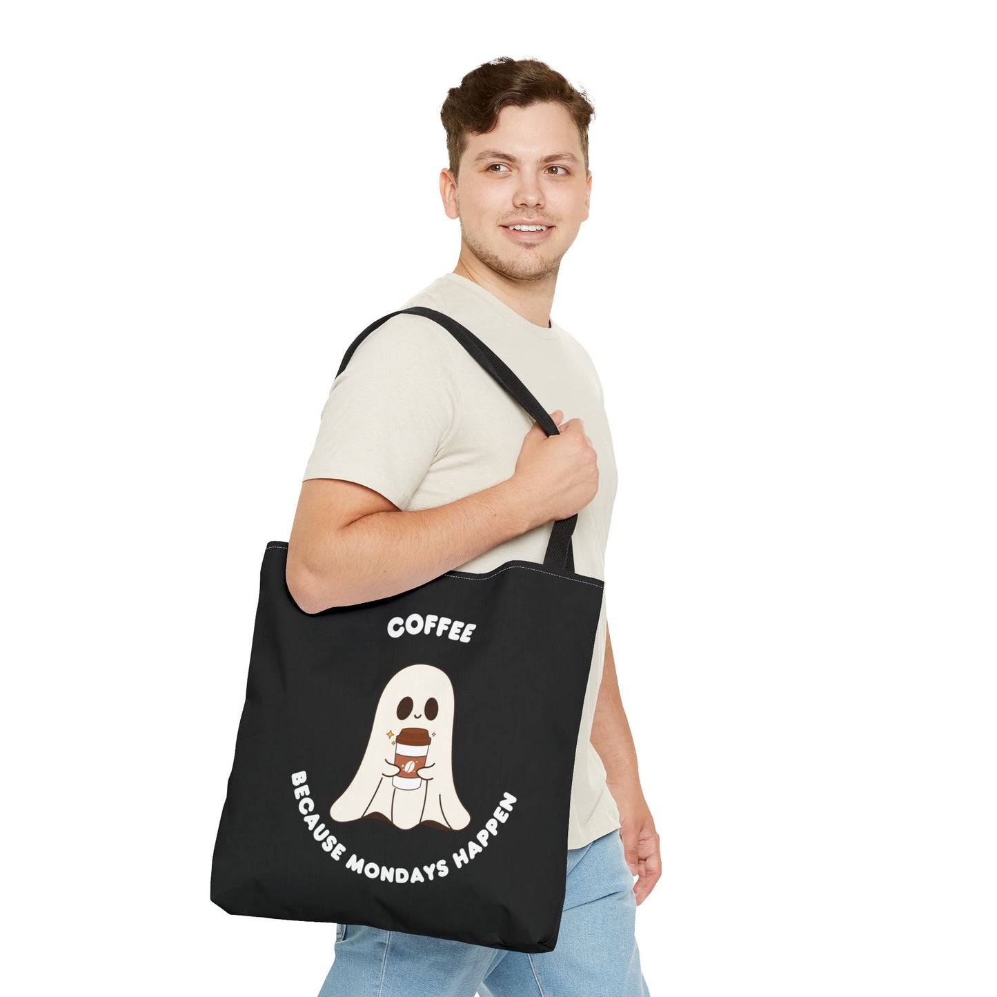 Coffee because Mondays happen Tote Bag (AOP)